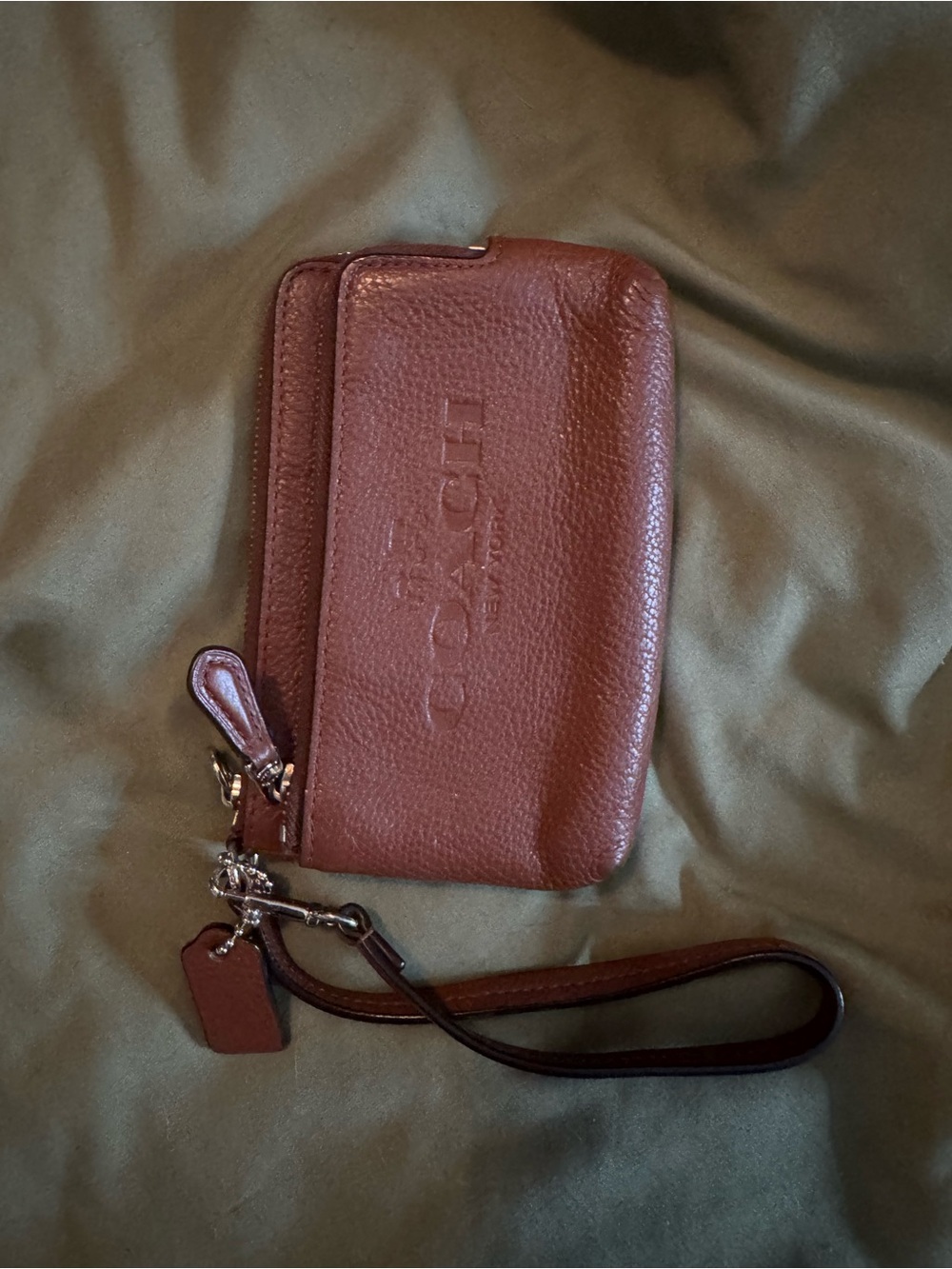 Coach Brown Pebbled Leather Phone Wristlet with Wrist Strap